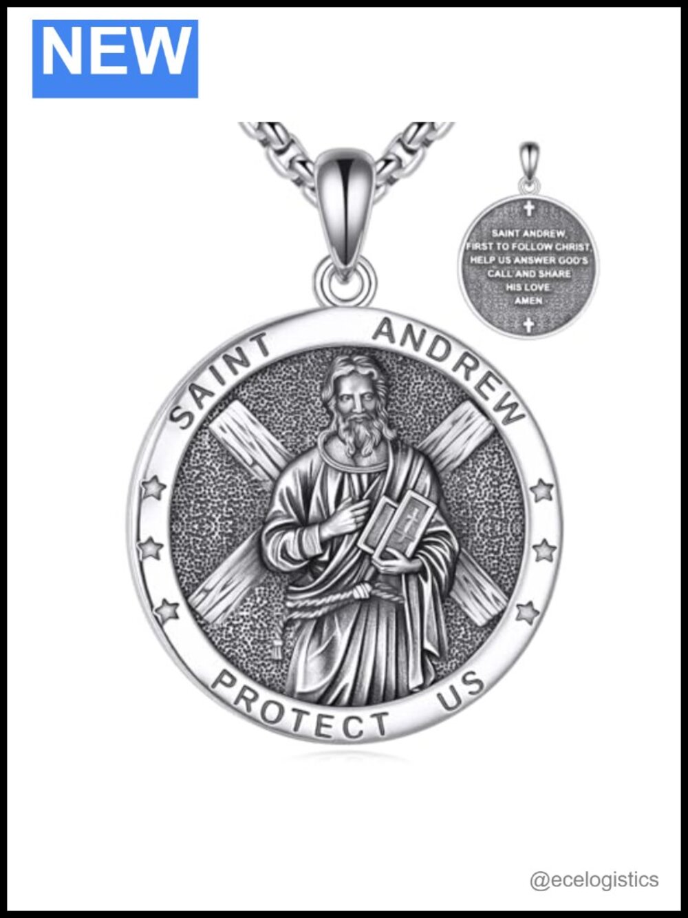 925 Sterling Silver Saint Andrew Pendant Necklace 22" Chain